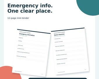 May include: A 12-page mini binder titled Emergency Information Binder Mini with the text Emergency info. One clear place. The document includes fillable pages for emergency information and quick reference, available in Letter and A4 sizes.