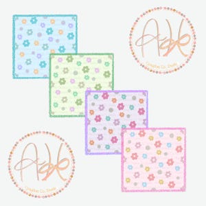 May include: Four square digital patterns featuring small flowers and dots in blue, green, purple, and pink colourways, each with a textured border. Two circular logos with the text AK Creative Co. Studio are positioned in the corners.