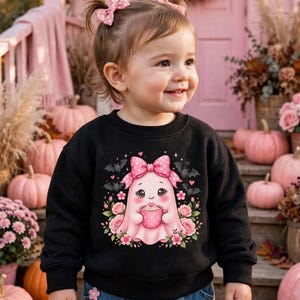 Sudadera infantil rosa con estampado de fantasma para Halloween / Sudadera con cuello redondo y diseño espeluznante / Camiseta de Halloween coqueta / Regalo para cesta de Boo / Fantasma Kawaii