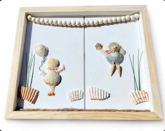 Seashell Girls Wall Art | Coastal Balloon Scene, Reclaimed Wood Frame