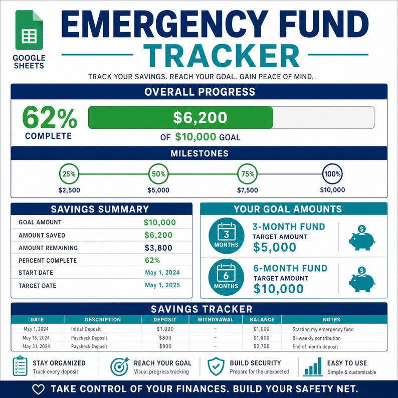 Emergency Fund Tracker | Savings Goal Tracker with Progress Bar | Google Sheets Template | Financial Goals image 1