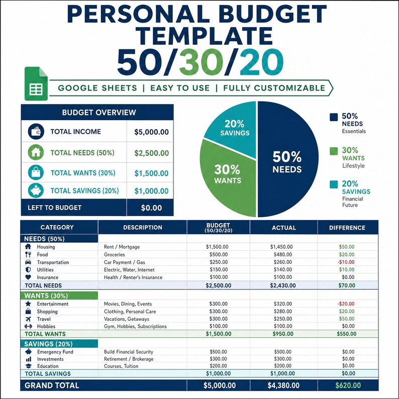 Personal Budget Template | 50 30 20 Rule Spreadsheet | Monthly Budget Tracker | Google Sheets | Expense Tracker image 1