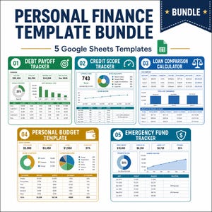 Personal Finance Template Bundle | 5 Google Sheets | Debt Payoff Budget Credit Score Loan and Emergency Fund
