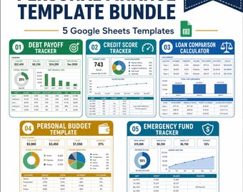 Personal Finance Template Bundle | 5 Google Sheets | Debt Payoff Budget Credit Score Loan and Emergency Fund