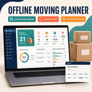 May include: A laptop displaying an Offline Moving Planner dashboard with a move day countdown, task lists, budget tracking, and packing progress. A smaller window shows box inventory. Two brown cardboard boxes sit to the right of the laptop.