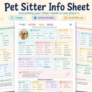 May include: A digital pet sitter information sheet template featuring sections for pet details, feeding, medication, routine, and emergency contacts. The document includes a photo of a golden retriever and text fields for owner information, printed on US Letter size paper.
