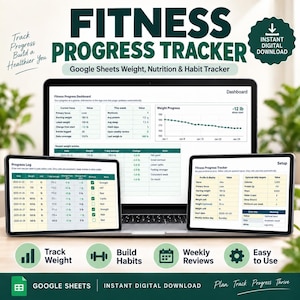 Könnte beinhalten: Ein digitaler Fitness-Fortschritts-Tracker für Google Sheets, dargestellt auf einem Laptop und zwei Tablets. Die Bildschirme zeigen ein Dashboard mit Gewichtsverlaufsgrafiken, ein Fortschrittsprotokoll mit Daten und eine Einrichtungsseite.