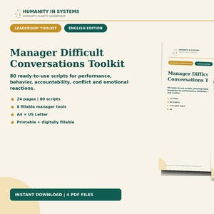 Könnte beinhalten: Ein Toolkit für schwierige Mitarbeitergespräche mit 80 Skripten für Leistung, Verhalten und Konflikte. Das druckbare und digital ausfüllbare PDF umfasst 24 Seiten, 8 ausfüllbare Management-Tools und ist in A4 sowie US Letter Format verfügbar.