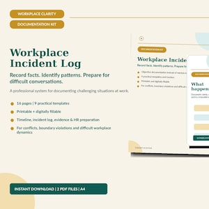Könnte beinhalten: Ein Workplace Incident Log Dokumentations-Kit mit 16 Seiten und 9 praktischen Vorlagen. Das Dokument ist druckbar und digital ausfüllbar und wurde entwickelt, um Fakten und Muster bei Konflikten und Grenzverletzungen am Arbeitsplatz zu erfassen.