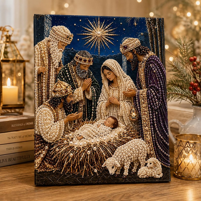 May include: A rectangular wall art piece depicting a nativity scene with the Holy Family, three wise men, and two sheep. The figures are embellished with white pearls and gold beads against a dark blue background with a large gold star.