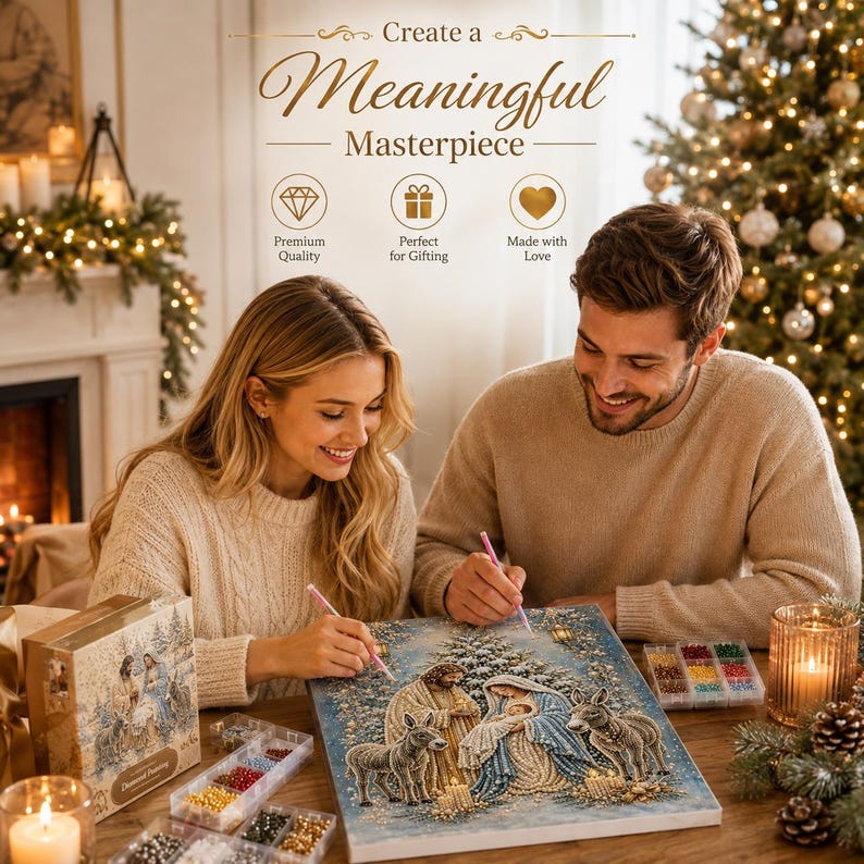May include: A diamond painting kit featuring a nativity scene with a man, woman, and donkey. The box and canvas display the text 'Create a Meaningful Masterpiece' along with icons for 'Premium Quality', 'Perfect for Gifting', and 'Made with Love'.
