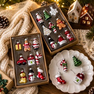 Handgefertigtes Set aus Glas-Weihnachtsornamenten, Mini-Weihnachtsbaumschmuck, Vintage-Weihnachtskugeln, Geschenkbox-Set, Weihnachtsdeko