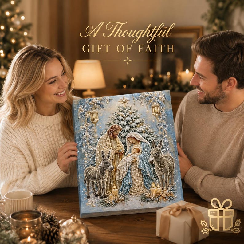 May include: A rectangular canvas print featuring a nativity scene with a central figure, a person in a blue cloak holding a baby, and two donkeys, all set against a snowy pine tree background with hanging lanterns and the text A Thoughtful GIFT OF FAITH.