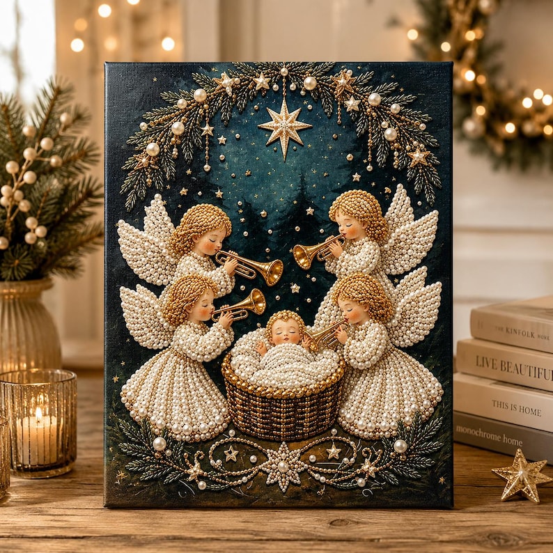 May include: A rectangular canvas print featuring a dark blue night sky with a large star above four angels surrounding a baby in a basket. The angels have textured white pearl-like gowns and wings, and three are playing gold trumpets.