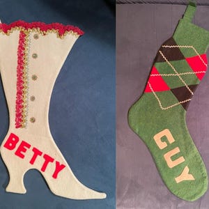 Heavy Vintage His/Hers Felt Christmas Stockings from McCalls Pattern #2271 -- "Betty" and "Guy"