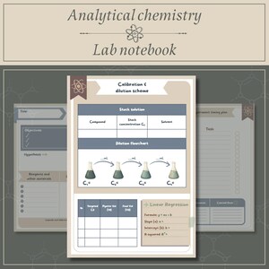 May include: An analytical chemistry lab notebook page featuring a calibration and dilution scheme. The layout includes a stock solution table, a dilution flowchart with four conical flasks, and a linear regression section with formula fields.