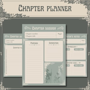 Puede incluir: Una plantilla de planificador de capítulos en verde salvia y crema con el texto Chapter Planner, Chapter Dossier, Purposes, Characters, Writer's Notes, Symbolism y Easter Eggs. El diseño incluye secciones con líneas para notas.