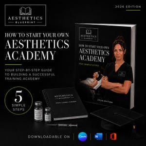 Peut inclure: Un livre noir intitulé How to Start Your Own Aesthetics Academy 2026 Edition, accompagné d'un carnet à spirales, deux petits flacons en verre, une seringue et une toque de diplômé. Le texte inclut Aesthetics Blueprint et 5 Simple Steps.