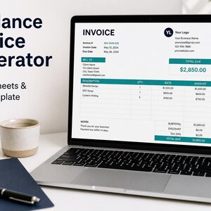 Puede incluir: Una pantalla de portátil que muestra una plantilla de factura digital con encabezados en color verde azulado y un total a pagar de $2,850.00. El texto Freelance Invoice Generator Google Sheets & Excel Template aparece a la izquierda junto a iconos de software.