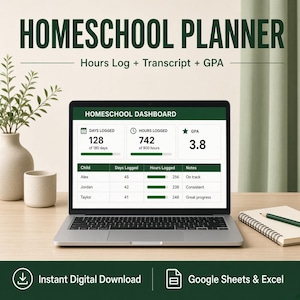 Puede incluir: Un ordenador portátil que muestra un panel de control de planificador escolar con datos de días registrados, horas y promedio de calificaciones. La pantalla muestra una tabla de progreso para Alex, Jordan y Taylor. Texto: Instant Digital Download.