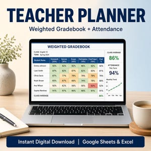 Teacher Planner Google Sheets Excel | Lesson Plan Gradebook Attendance Tracker | Classroom Organizer Spreadsheet Template Instant Download