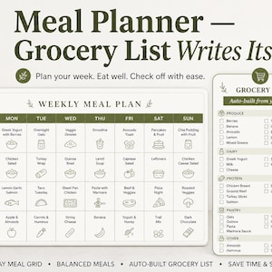 Puede incluir: Un planificador de comidas semanal y una lista de la compra en color blanco con detalles en verde oliva. El planificador incluye una cuadrícula de 7 días con categorías de comidas e iconos, y la lista está organizada por grupos de alimentos.