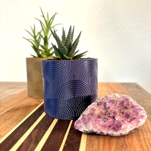 May include: A dark blue cylindrical planter with a raised concentric arch pattern containing a green succulent, positioned behind a jagged purple amethyst crystal cluster and next to a second, partially visible gold-colored planter with a similar design.