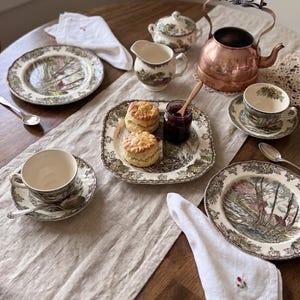 May include: A tea set arrangement on a table featuring a copper kettle, two teacups with saucers, a creamer, a sugar bowl, two plates with woodland scenes, and a square plate holding two scones and a small jar of jam with a wooden spoon.