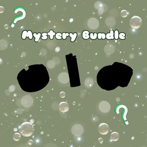 May include: A Mystery Bundle graphic on a sage green background with white bokeh bubbles and two green question marks. The image features three solid black silhouettes of unidentified objects arranged horizontally in the center.