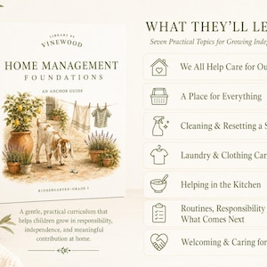 Op de afbeelding: Een wit boek getiteld Home Management Foundations van Vinewood, met een illustratie van een geit, potplanten en wasgoed aan een lijn. De tekst somt zeven praktische onderwerpen op, waaronder huishoudelijke zorg, schoonmaak en keukenwerk.