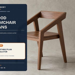 Puede incluir: Un gráfico informativo azul oscuro con texto blanco que dice DEMADERY DIGITAL WOODWORKING PLANS WOOD ARMCHAIR PLANS A complete build system, not just a cut list. INCLUDED ADJUSTABLE PLAN CALCULATOR CUSTOMIZE WIDTH+STOCK THICKNESS 4 PDF GUIDES EN ES CM IN junto a un sillón de madera marrón.