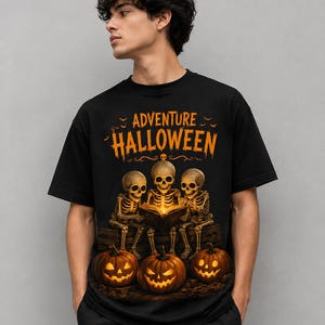 Halloween Skeleton T-Shirt, Skeleton Reader Shirt, Adventure Halloween Tee, Spooky Book Lover Shirt, Pumpkin Halloween Shirt, Gothic Tee
