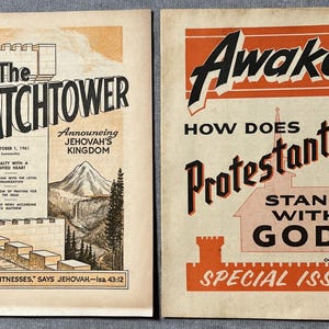 May include: Two vintage magazines from 1961. The left cover is titled The Watchtower, featuring a stone tower and mountain illustration. The right cover is titled Awake!, featuring the text How Does Protestantism Stand With God? Special Issue.