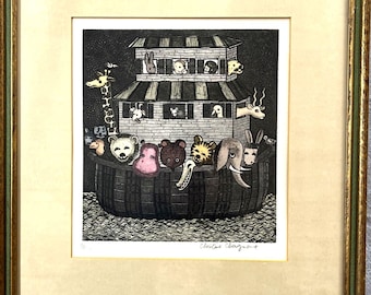 Grabado antiguo de Christine Chagnoux del Arca de Noé, prueba de artista firmada (EA), impresión a color francesa, enmarcado como una original lámina infantil con motivos de animales.