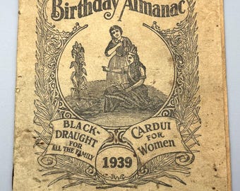 Damengeburtstagskalender von 1939, Vintage-Werbung für Black-Draught und Cardui, Erinnerungsstücke aus South Jamestown, Tennessee, Medizin-Ephemera aus den 1930er Jahren