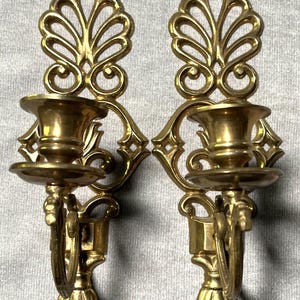 Set of 2 Vintage Brass Wall Sconces, 10" Ornate Baroque Style Candle Holders, Rococo Wall Decor, Hollywood Regency Home Accents