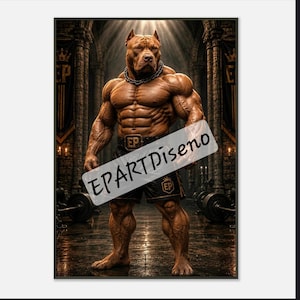 Puede incluir: Un perro pitbull antropomórfico y musculoso de pie en un gimnasio, vistiendo pantalones cortos deportivos negros con un logotipo EP y un collar de cadena de metal pesado. El texto EPARTDiseno está superpuesto en el centro de la imagen en diagonal.