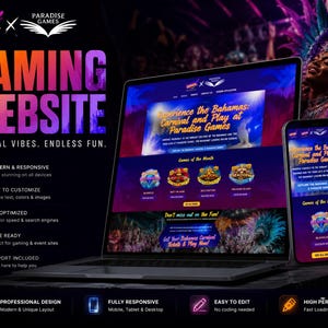 Op de afbeelding: Een laptop en smartphone tonen een gamingwebsite met een levendig paars en blauw carnavals-thema. Het scherm bevat de tekst Experience the Bahamas: Carnival and Play at Paradise Games, samen met diverse speliconen en menu-opties.