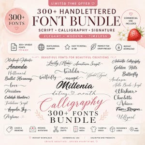 May include: A digital graphic advertisement for a 300+ handlettered font bundle featuring script, calligraphy, and signature styles. The text includes headings like 300+ Handlettered Font Bundle, lists various font names, and displays icons for features like multilingual support, instant download, and commercial use.