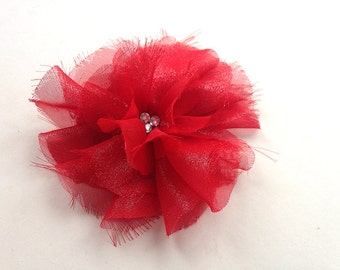 Organza flower brooch or hair piece, satin flower, handmade accessory, red upcycled fabric, free shipping