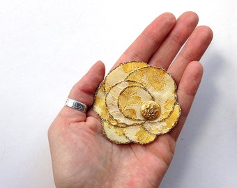 Hair piece with elegant look, flower made of silk fabric, yellow and gold, vintage, upcycling, summer party fashion