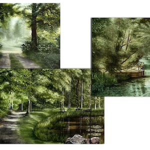 Jeu de cartes postales - aquarelle, forêt, lac, étang, eau, arbres, feuillage, vert, sentier pédestre, clairière, impression, 13 x 18 cm, livraison gratuite
