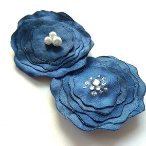 Blue satin flower with pearls or rhinestones for hair or brooch, bobby pin, romantic, wedding, gift wrap image 1