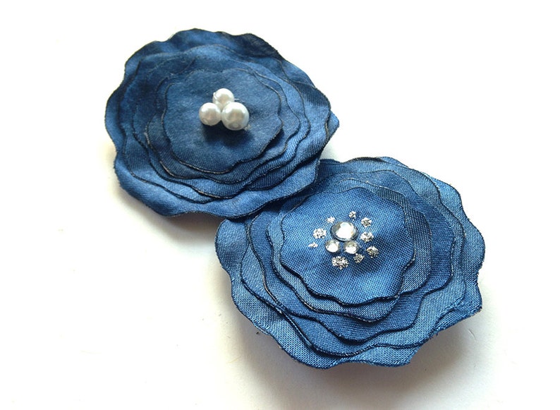 Blue satin flower with pearls or rhinestones for hair or brooch, bobby pin, romantic, wedding, gift wrap image 1