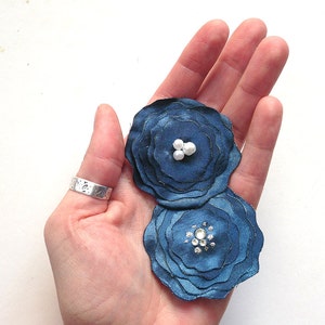 Blue satin flower with pearls or rhinestones for hair or brooch, bobby pin, romantic, wedding, gift wrap image 2