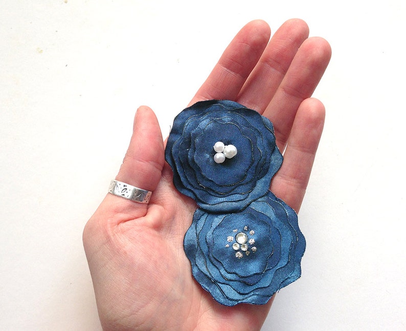 Blue satin flower with pearls or rhinestones for hair or brooch, bobby pin, romantic, wedding, gift wrap image 2
