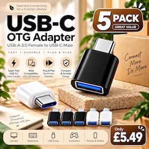 May include: A 5-pack of USB-C OTG adapters featuring a USB-A 3.0 female to USB-C male connection. The set includes black and white adapters with blue internal ports. Text on the image includes USB-C OTG Adapter, 5 Pack, and Connect More Do More.