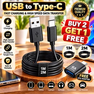 Type C to USB Cable, Fast Charging and Data Transfer Cord, 1M or 2M Cable for Phone and Tablet.