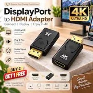 May include: Two black DisplayPort to HDMI adapters with gold-plated connectors. The devices feature 4K Ultra HD branding. Text on the packaging includes DisplayPort to HDMI Adapter, 4K Ultra HD, and Small Adapter Big Possibilities, highlighting connectivity for monitors, TVs, projectors, and laptops.