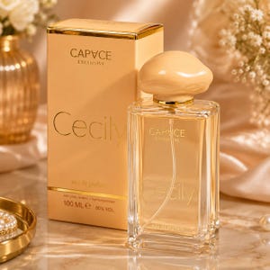 Może przedstawiać: Prostokątny flakon perfum i pasujące do niego pudełko, oba z etykietą CAPYCE EXCLUSIVE Cecily. Flakon wykonany jest z przezroczystego szkła z zatyczką w kolorze brzoskwiniowym i zawiera 100 ml płynu. Pudełko jest w kolorze brzoskwiniowym ze złotym napisem.
